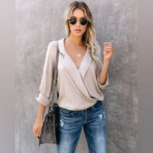 Vici Stay True Collared Drape Blouse - Taupe